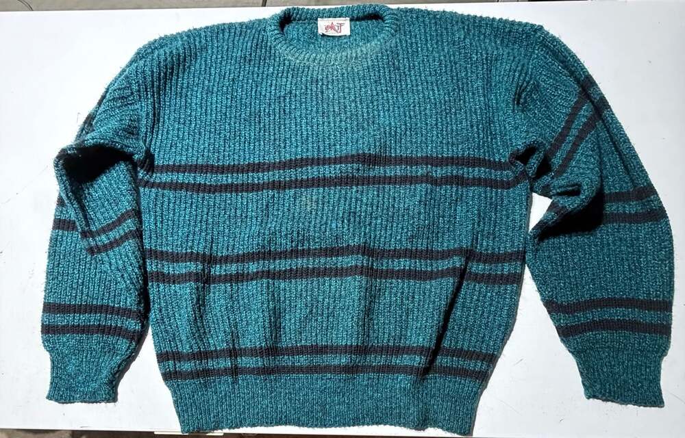 VTG OKTJ Made in USA Teal and Black Striped Ribbed Knit Crewneck Sweater Large